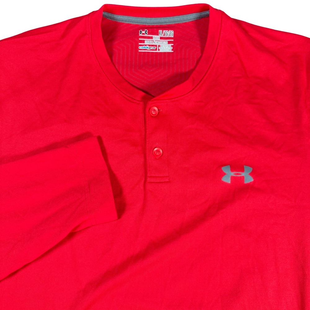 Under Armour ColdGear Henley Shirt Mens XL Red Blade Collar Long Sleeve Loose